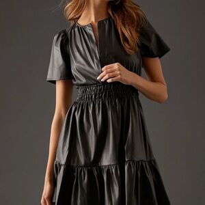 Anthropologie Black Faux Leather Black Short-Sleeve Dress